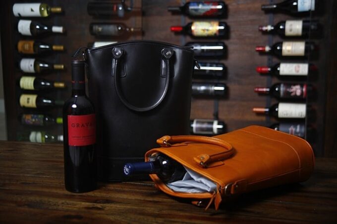 sachi leather wine bags min Insulated Two Bottle Leather Wine Tote Bag - Black