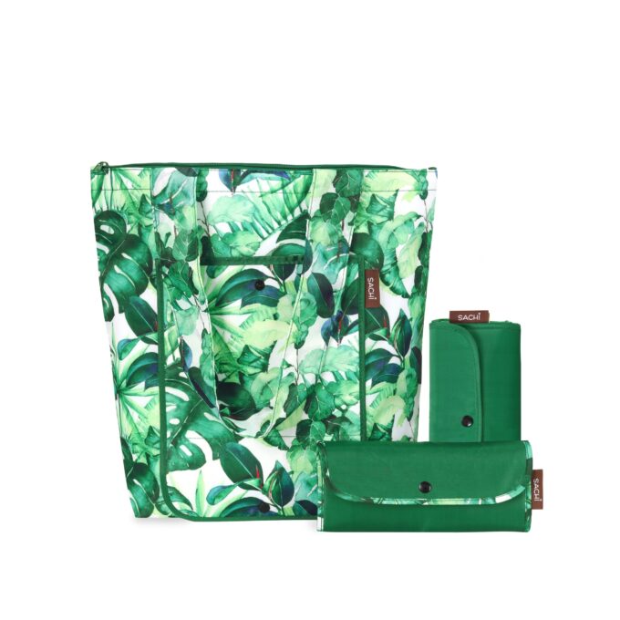 reusable bag set of 3 green tropical leaf