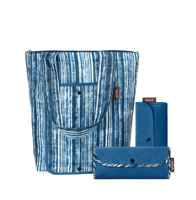 Reusable bag set of 3 blue denim stripe