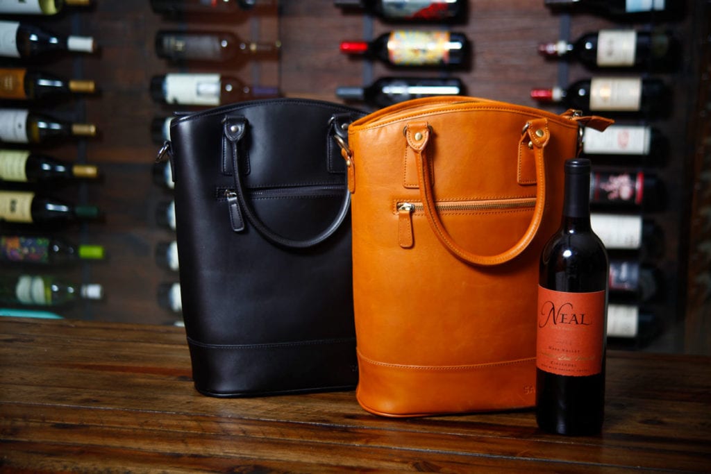 Insulated Leather Wine Tote Bag Black | Sachi Bags