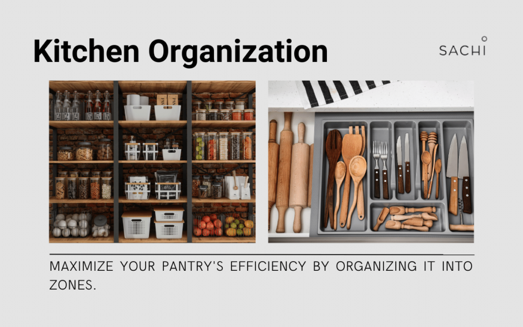 Fall Cleaning and Organizing the Kitchen - Maximize Pantry Space by organizing it into zones.