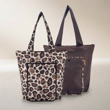 SACHI Linen Leopard and Deep Brown 2-piece insulated market tote set