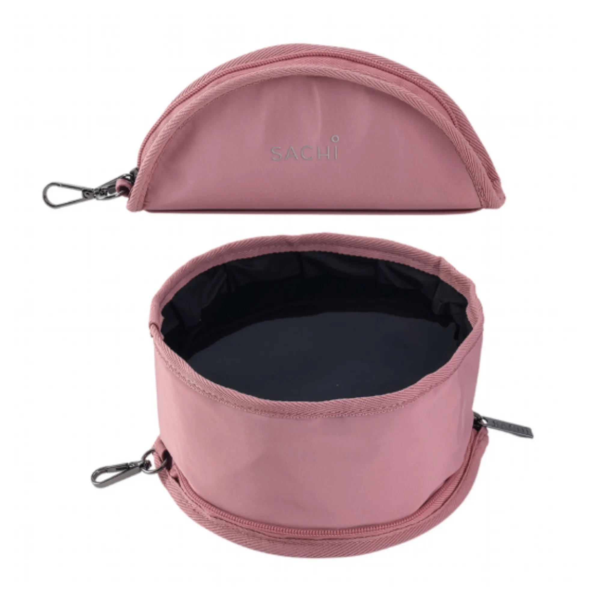 Blush SACHI Pupbowl portable folding dog bowl shown folded and open