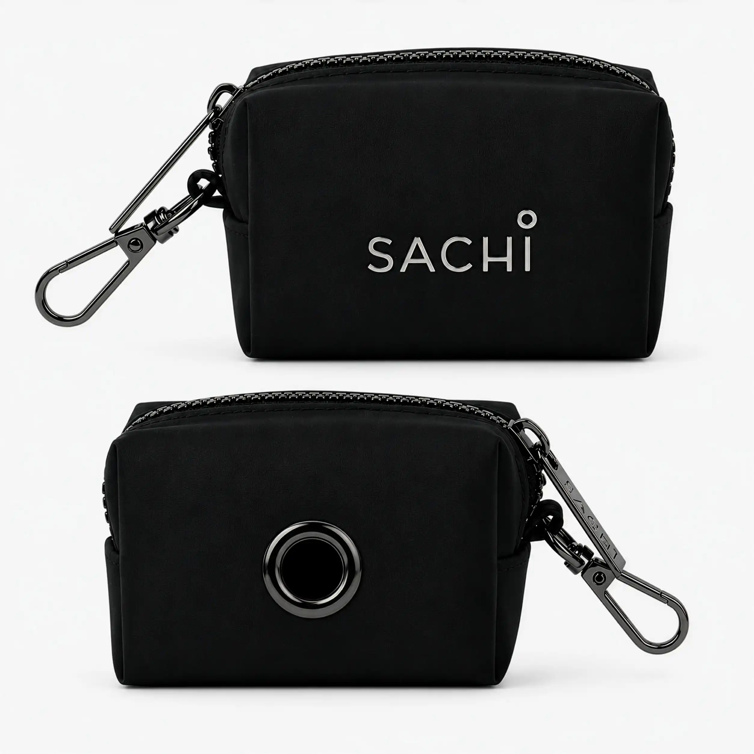 Black SACHI PupPack portable dog waste bag holder shown from front and dispenser sides