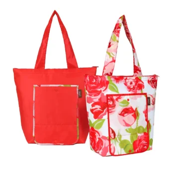SACHI Red Bloom and Solid Red 2-piece insulated market tote set