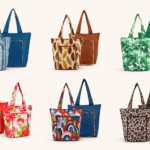 Six SACHI 2-piece insulated market tote sets in blue stripe, feather, tropical leaf, red floral, boho rainbow and linen leopard designs