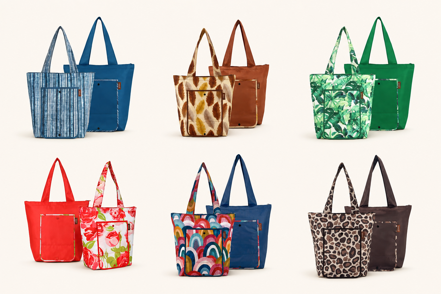 Six SACHI 2-piece insulated market tote sets in blue stripe, feather, tropical leaf, red floral, boho rainbow and linen leopard designs