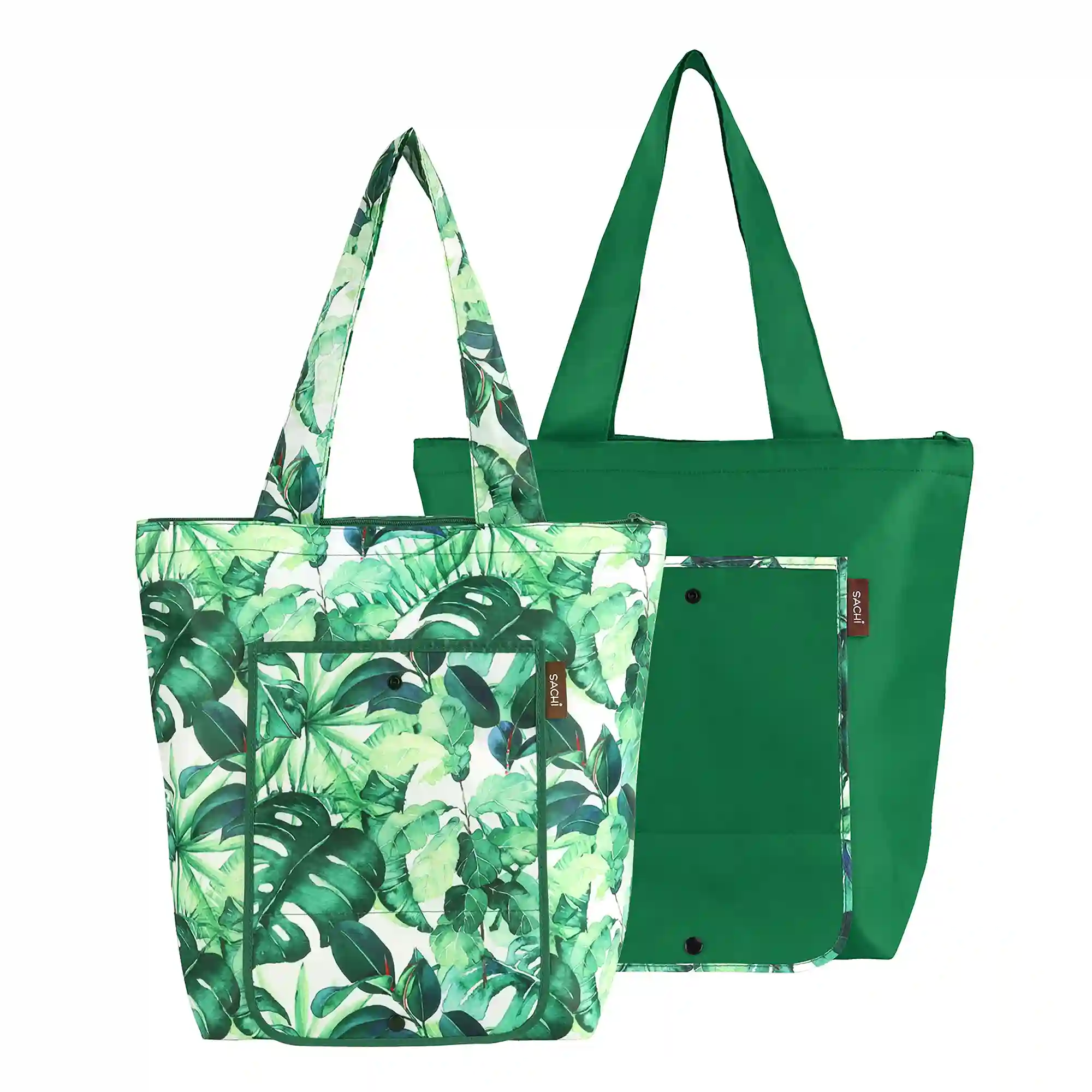SACHI two-piece insulated market tote set with a green tropical leaf-print bag in front of a coordinating solid green bag.