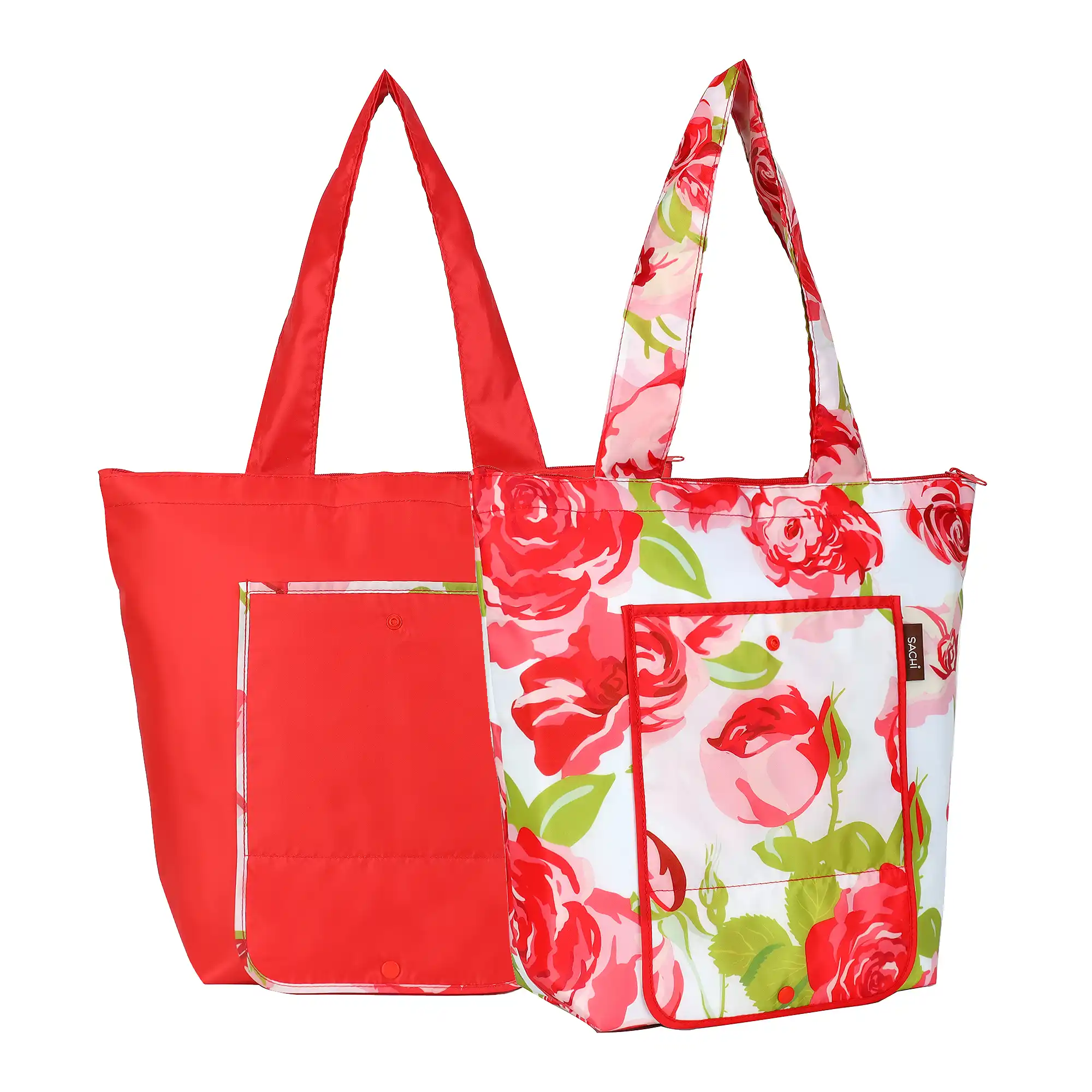 SACHI two-piece insulated market tote set with one Red Bloom floral-print bag and one solid red bag.