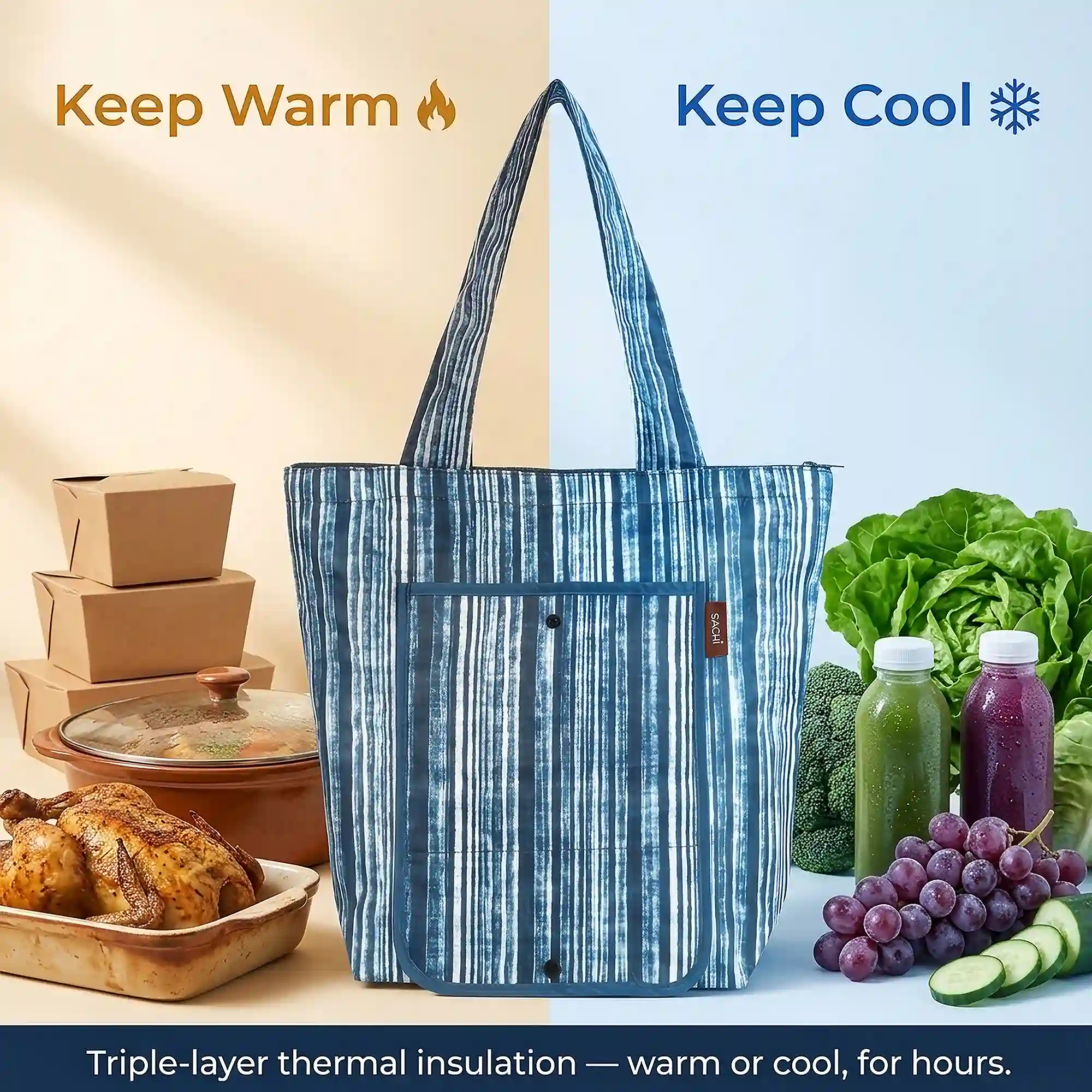SACHI 2-Piece Insulated Market Tote Set – Blue Denim Stripe & Solid Blue 6 SACHI 2-Piece Insulated Market Tote Set – Blue Denim Stripe & Solid Blue - Image 6