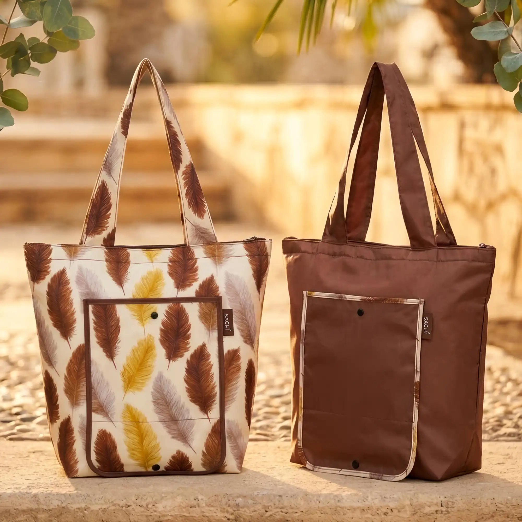 SACHI Feather Fall and Solid Bronze 2-piece insulated market tote set