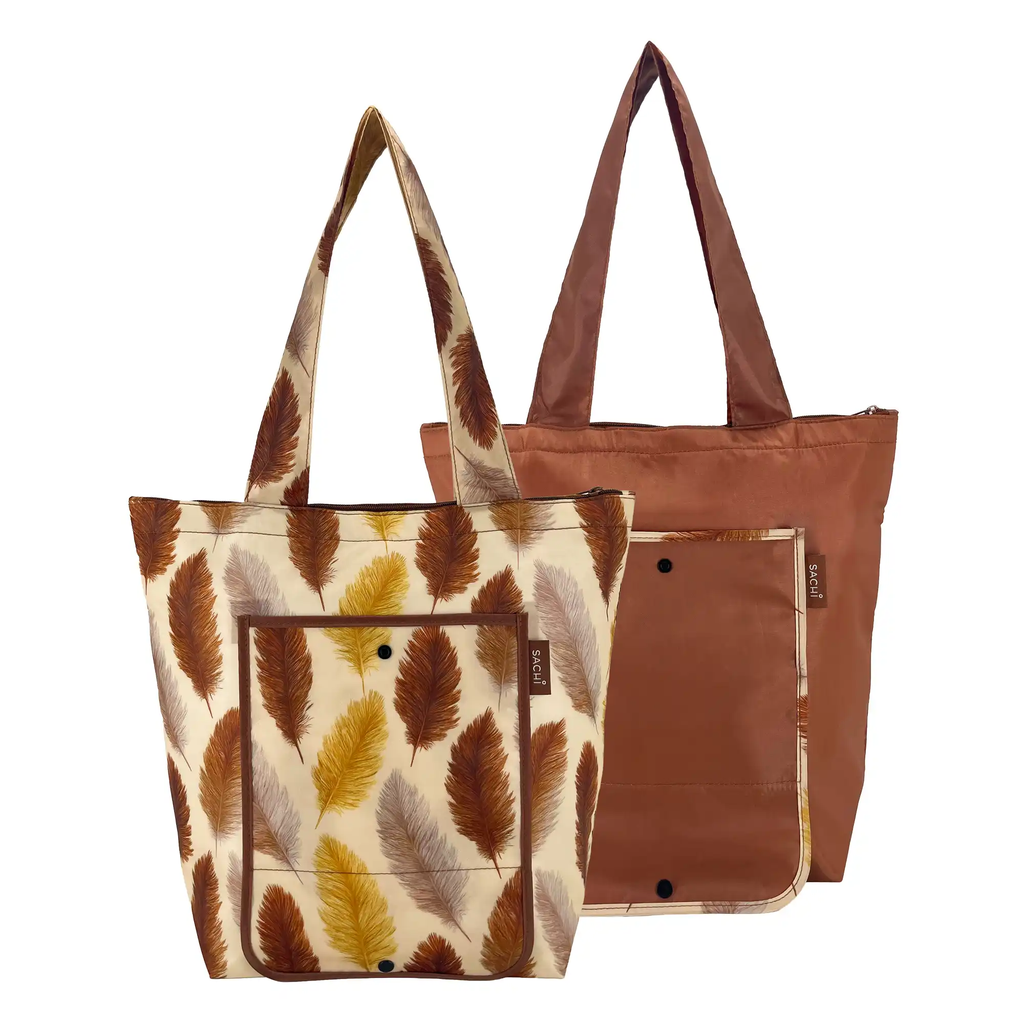 SACHI Feather Fall and Solid Bronze insulated market totes displayed on white