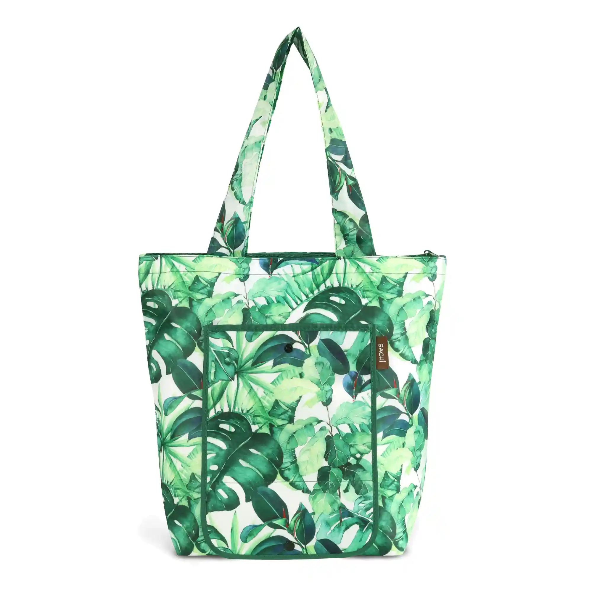 SACHI 2-Piece Insulated Market Tote Set – Green Tropical Leaf & Solid Green 6 SACHI 2-Piece Insulated Market Tote Set – Green Tropical Leaf & Solid Green - Image 6