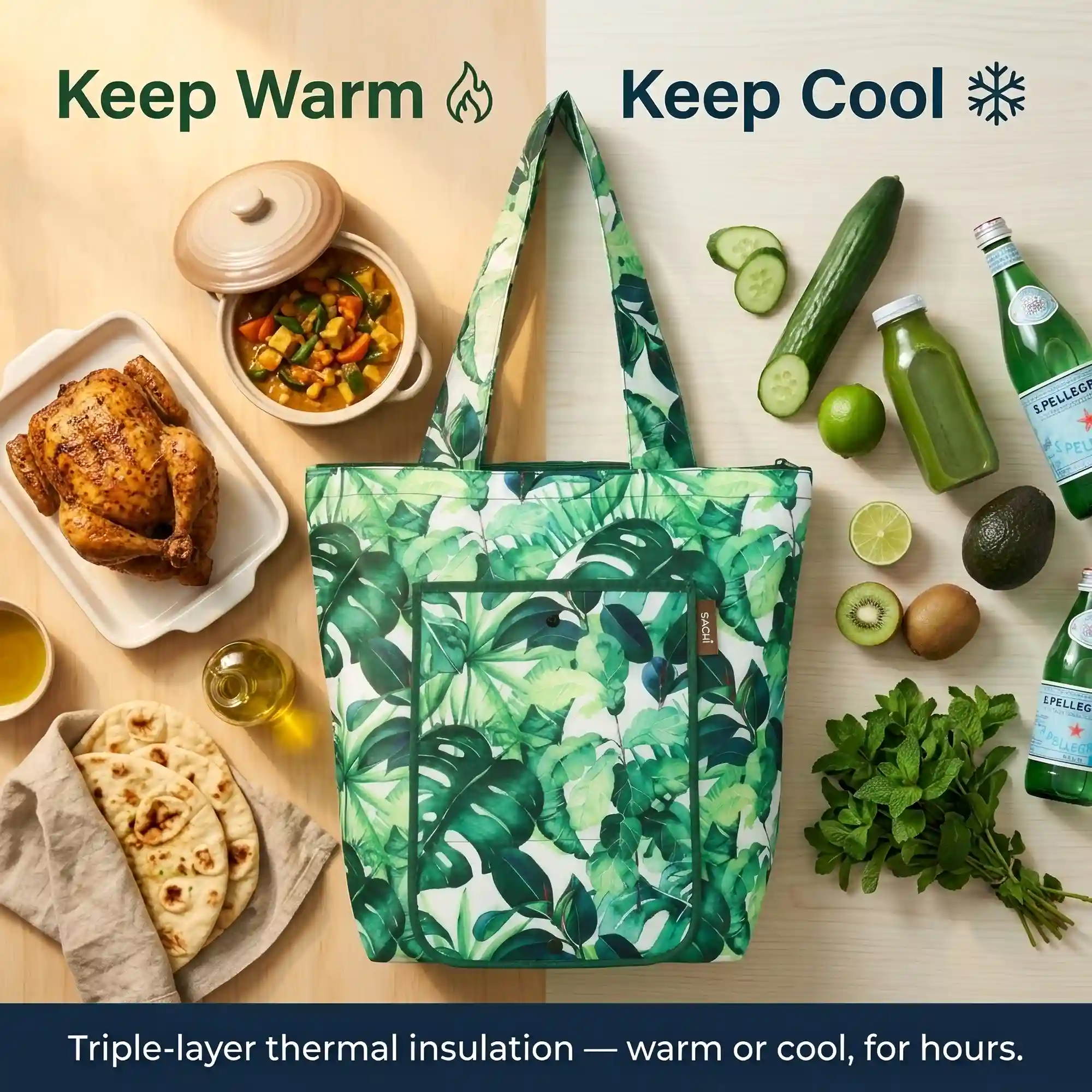 SACHI 2-Piece Insulated Market Tote Set – Green Tropical Leaf & Solid Green 5 SACHI 2-Piece Insulated Market Tote Set – Green Tropical Leaf & Solid Green - Image 5