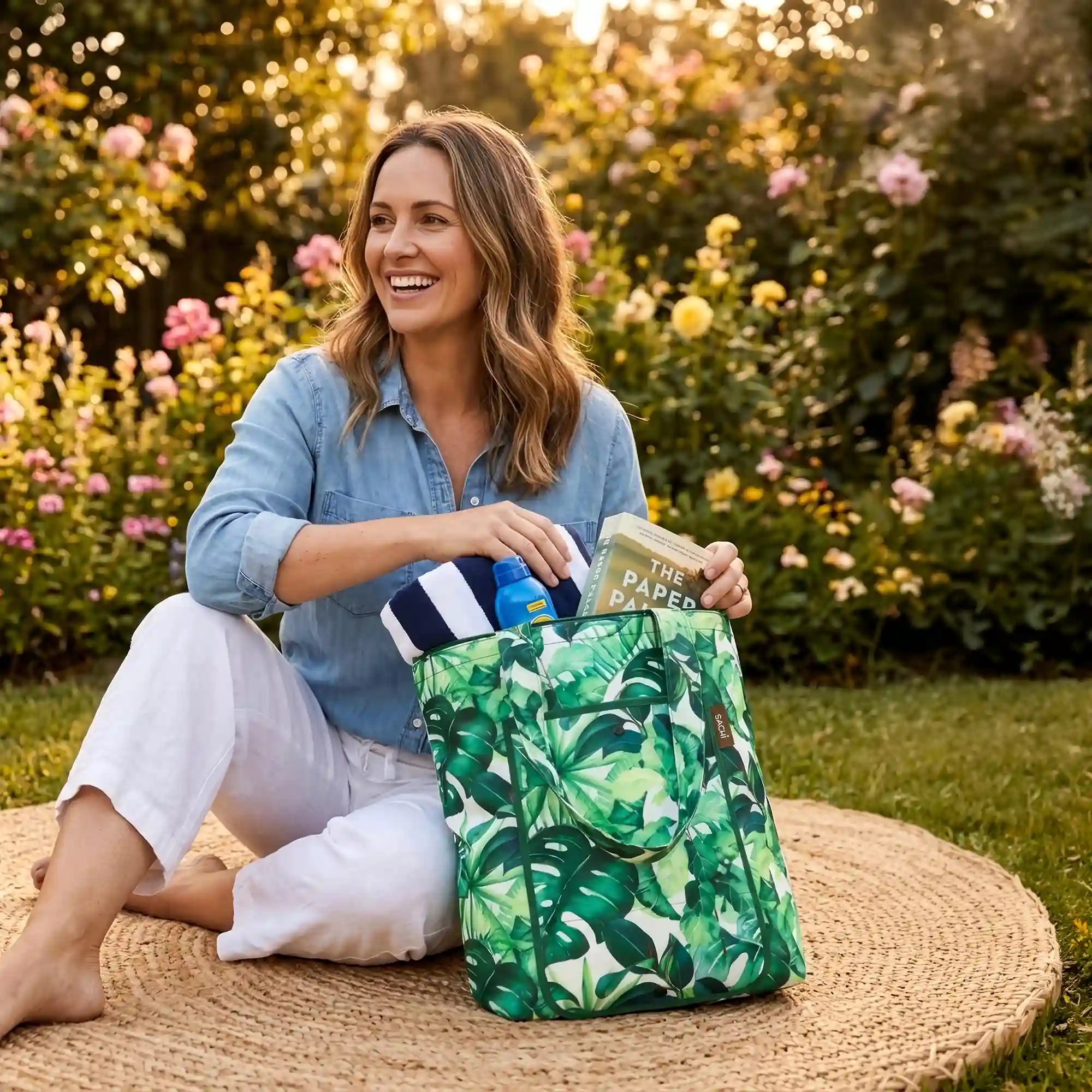 SACHI 2-Piece Insulated Market Tote Set – Green Tropical Leaf & Solid Green 3 SACHI 2-Piece Insulated Market Tote Set – Green Tropical Leaf & Solid Green - Image 3
