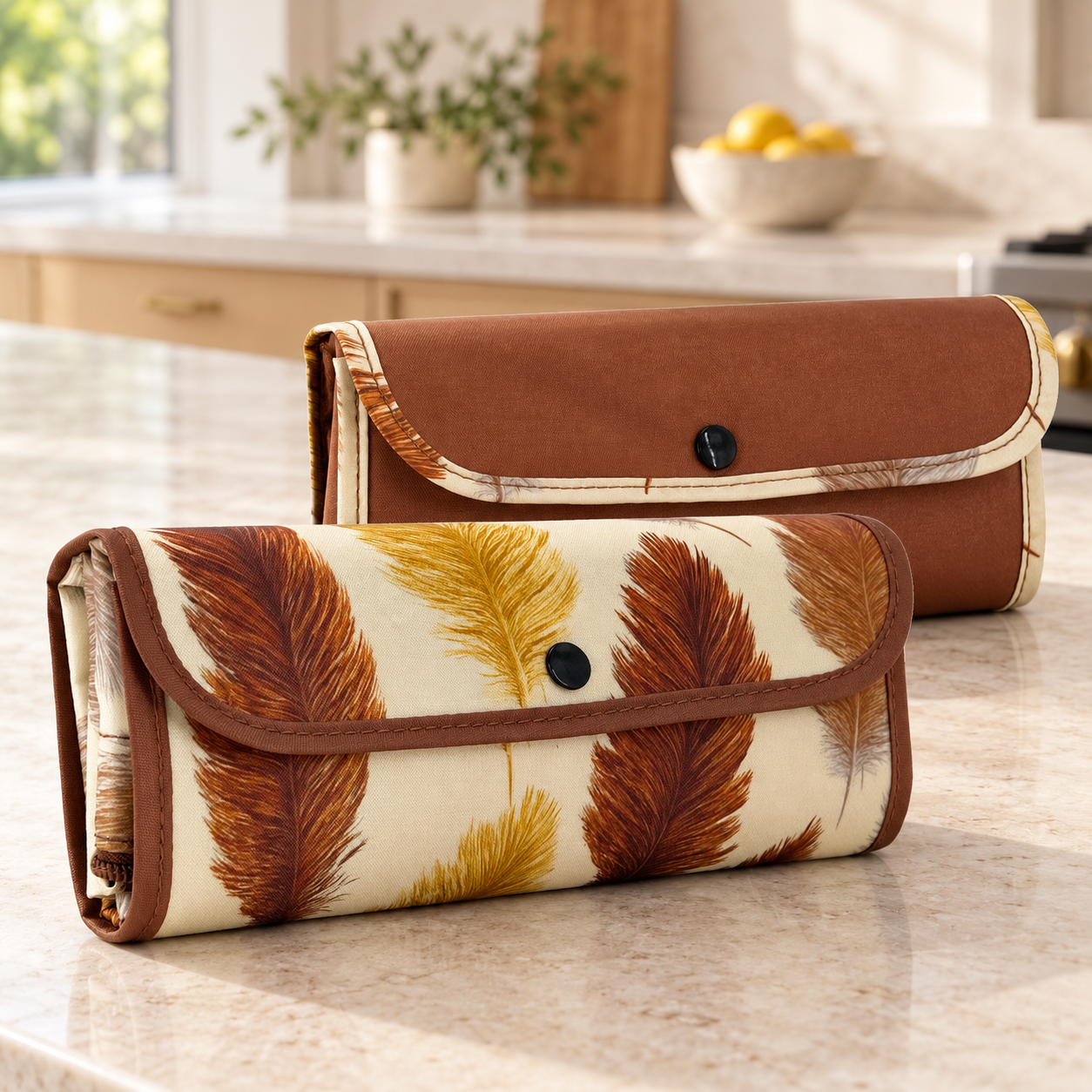 SACHI Feather Fall and Solid Bronze market totes folded compactly for storage.