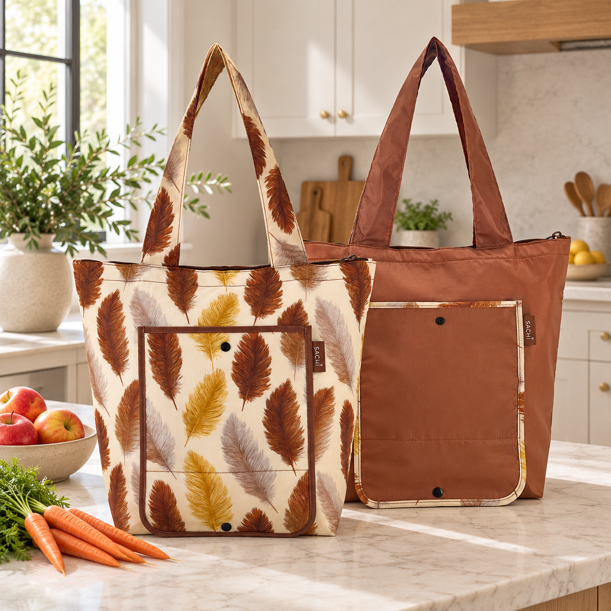 SACHI Feather Fall and Solid Bronze insulated market totes on a kitchen island.